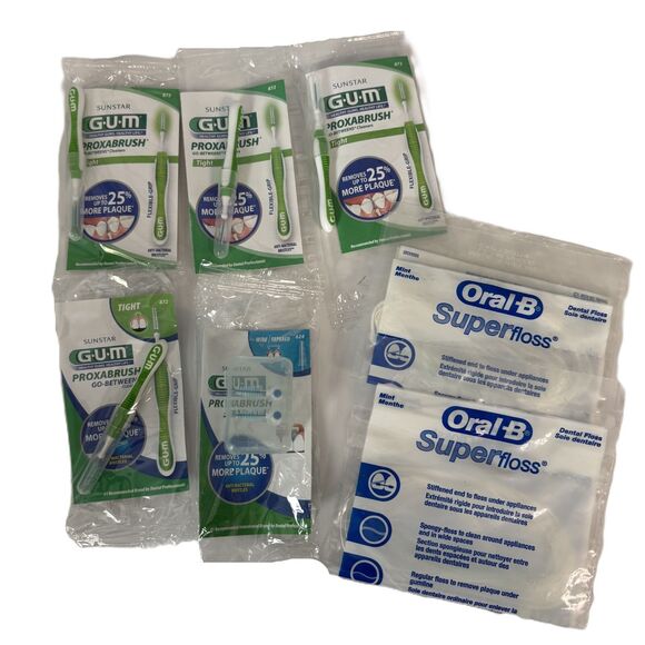 GUM 624 Proxabrush Snap-On 872 Go Between Clean Tight Oral-B Superfloss Braces - Picture 1 of 4